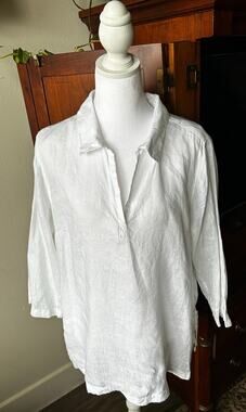 Isaac Mizrahi White 100% Linen V-Neck Pullover Blouse Top Size Large